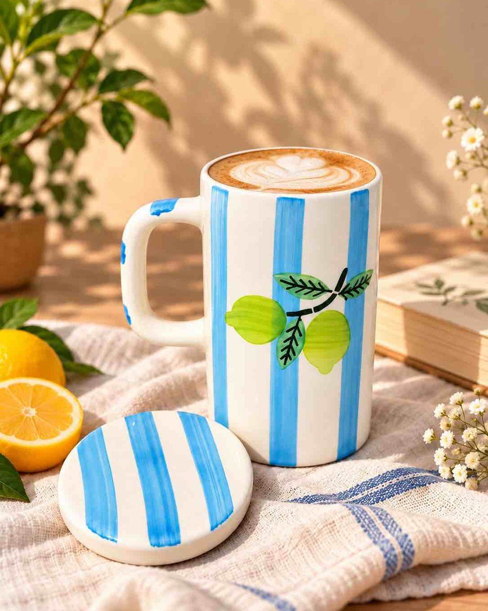Lemon Stripe Mug with Lid — Ceramic Mug with Lid