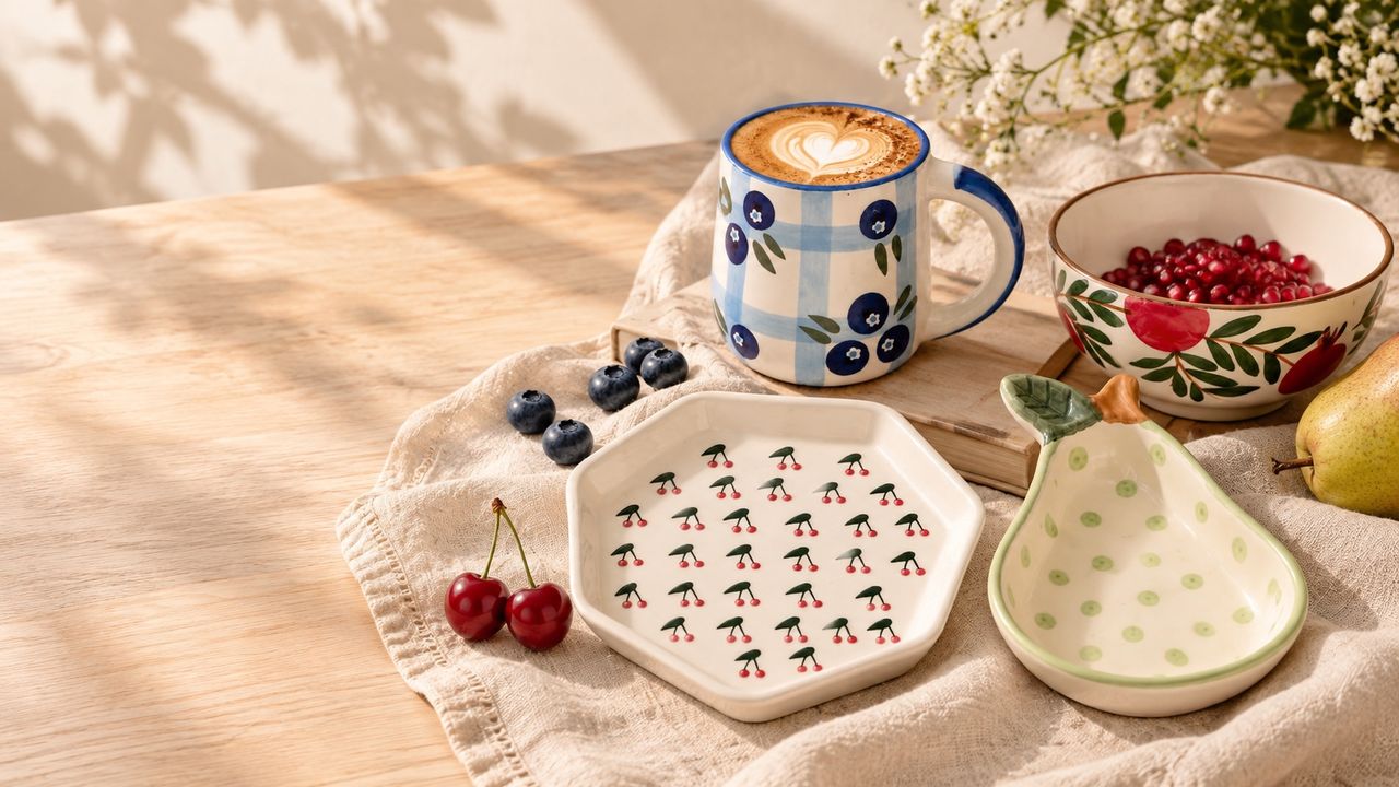 A blueberry gingham mug, a cherry sprig plate, a pomegranate vine bowl and a polka dot pear dish on a linen cloth in morning light