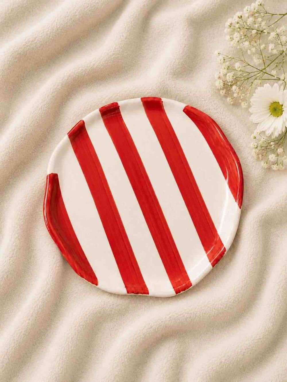Red Candy Stripe Ceramic Trinket Plate — Ceramic Plate
