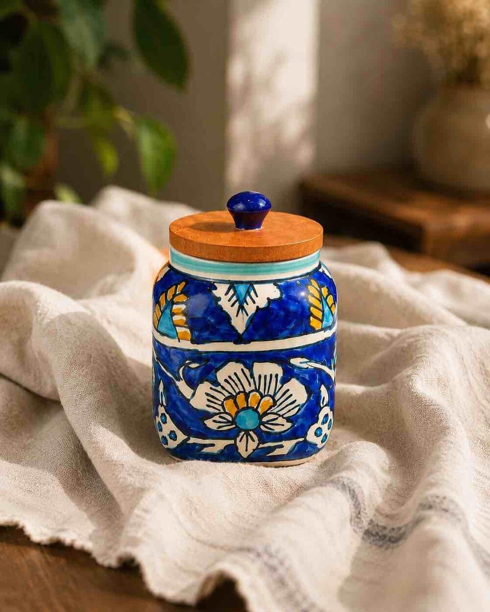 Royal Blue Floral Ceramic Canister with Wooden Lid — Ceramic Storage Jar