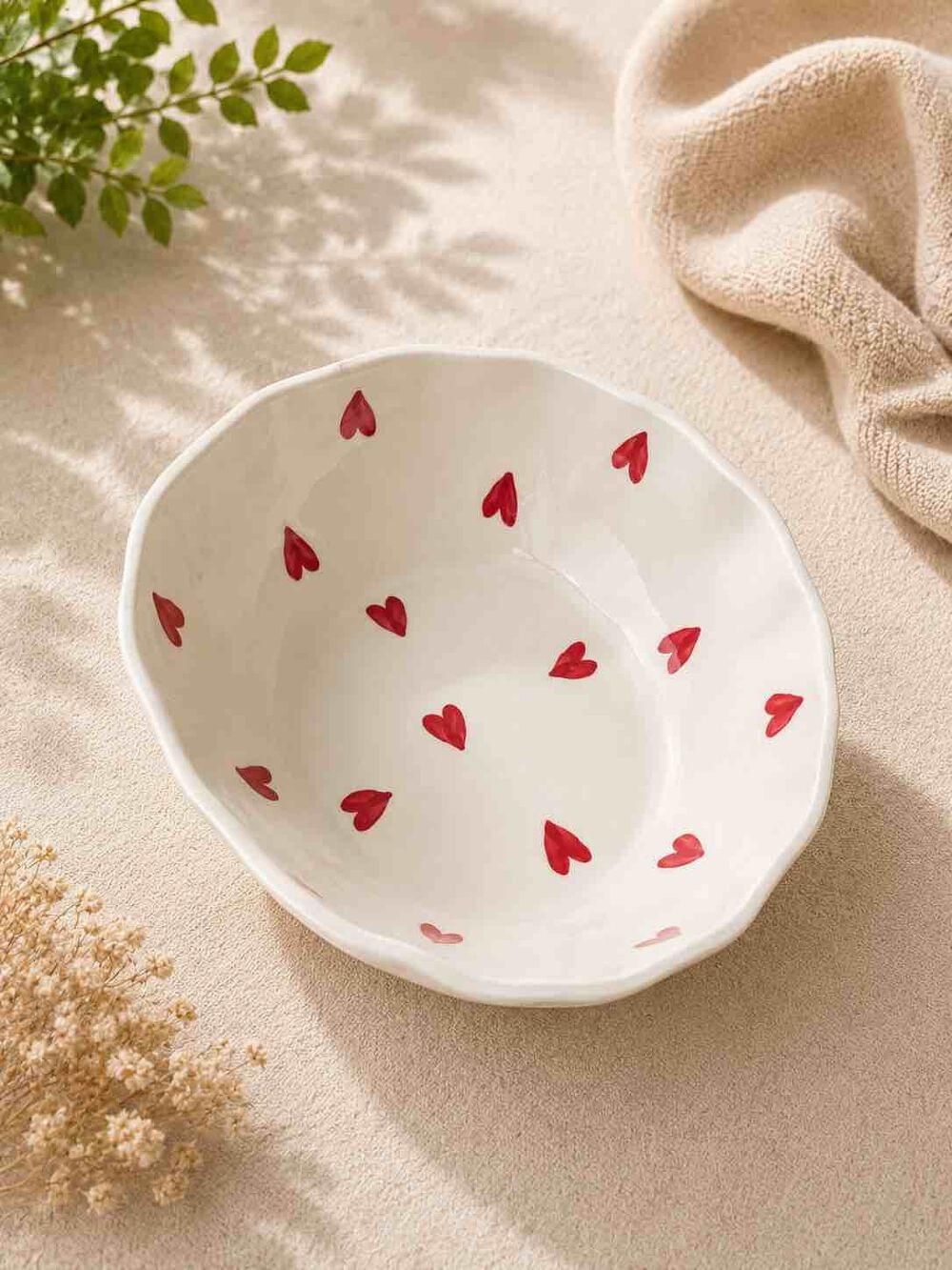 Scattered Crimson Hearts Wavy Ceramic Bowl — Ceramic Bowl