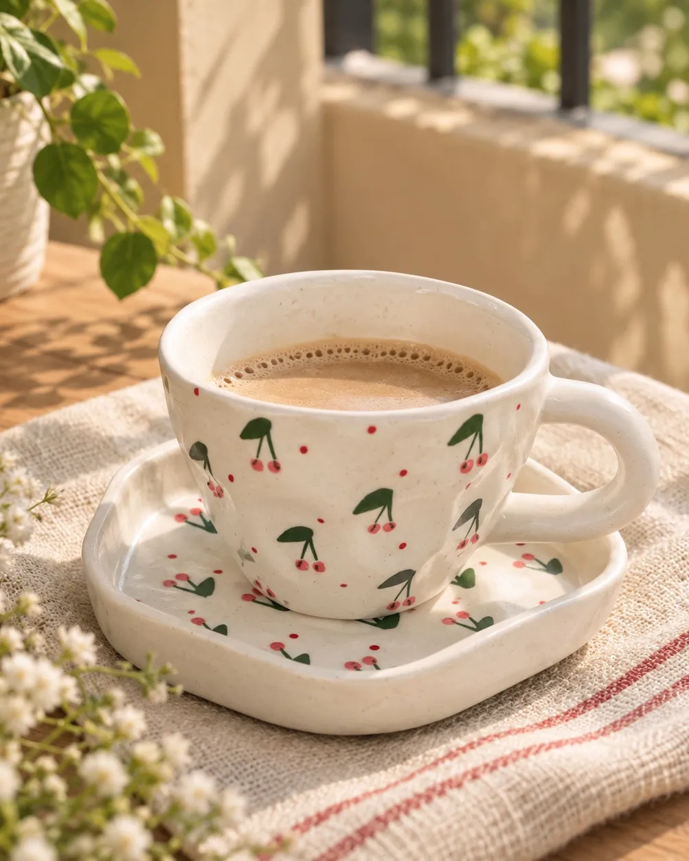 A hand holding a cup and saucer painted with little cherries, in front of shelves stacked with cups