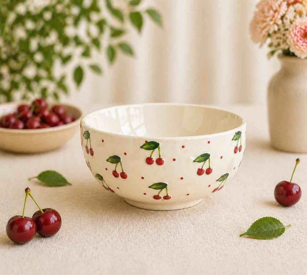 A cream bowl painted with cherries and tiny red dots
